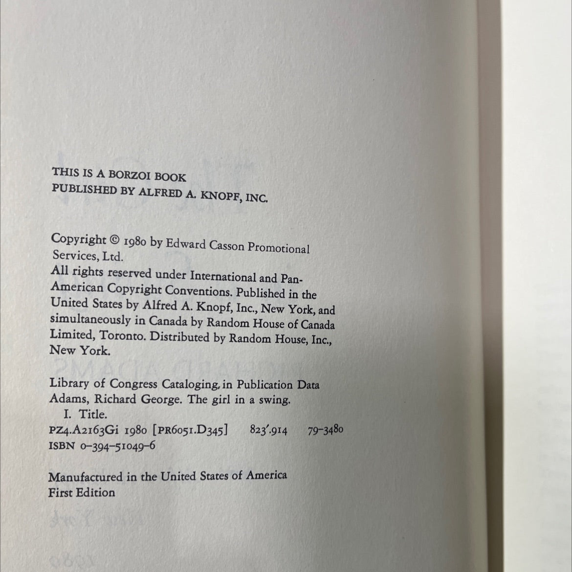 the girl in a swing book, by richard adams, 1980 Hardcover image 3