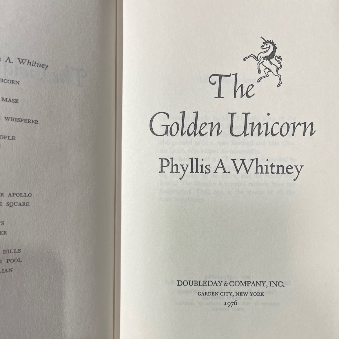the golden unicorn book, by Phyllis A. Whitney, 1976 Hardcover image 2
