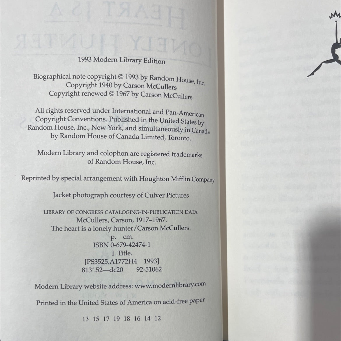 the heart is a lonely hunter book, by Carson McCullers, 1993 Hardcover image 3