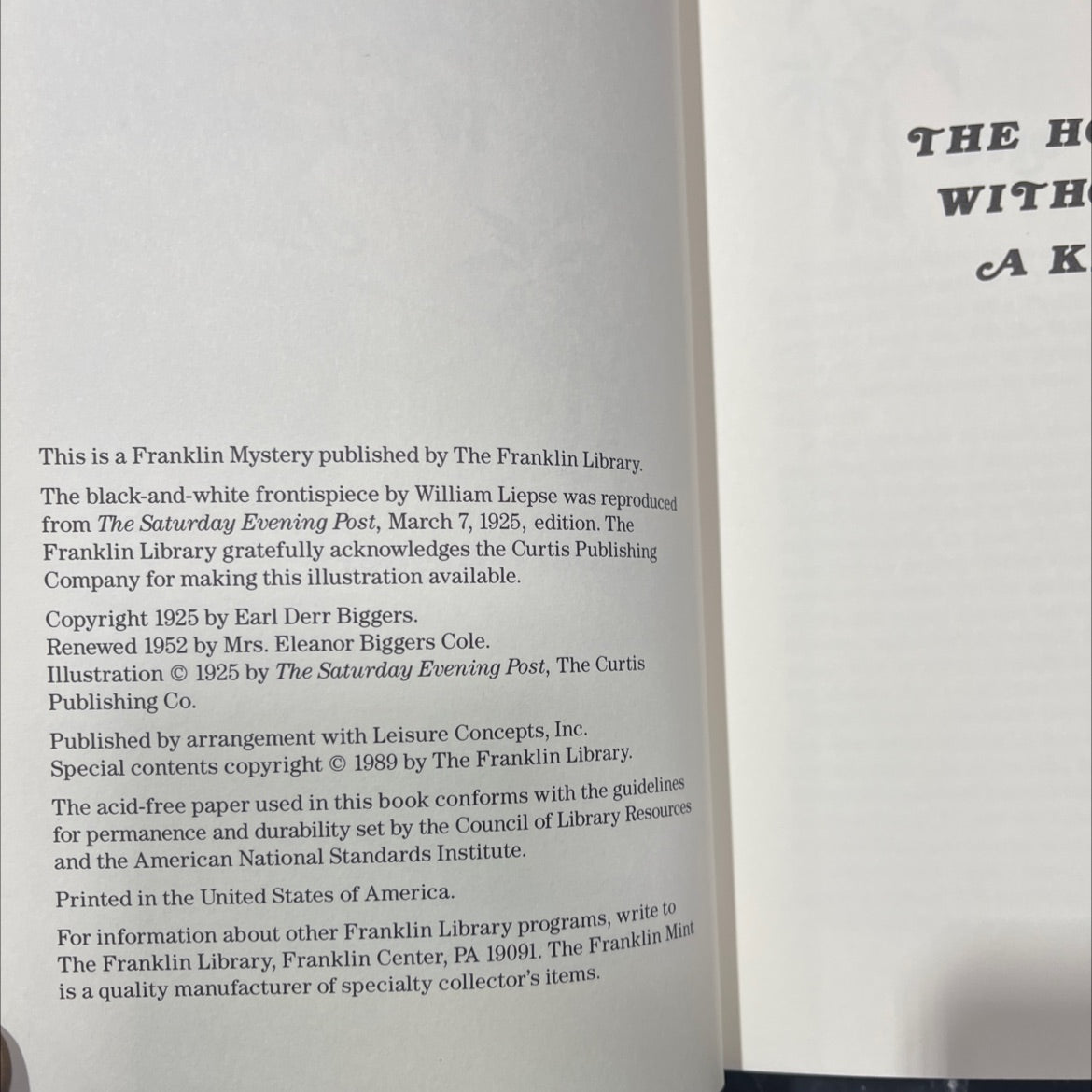 the house without a key book, by Earl Derr Biggers, 1952 Leather image 3