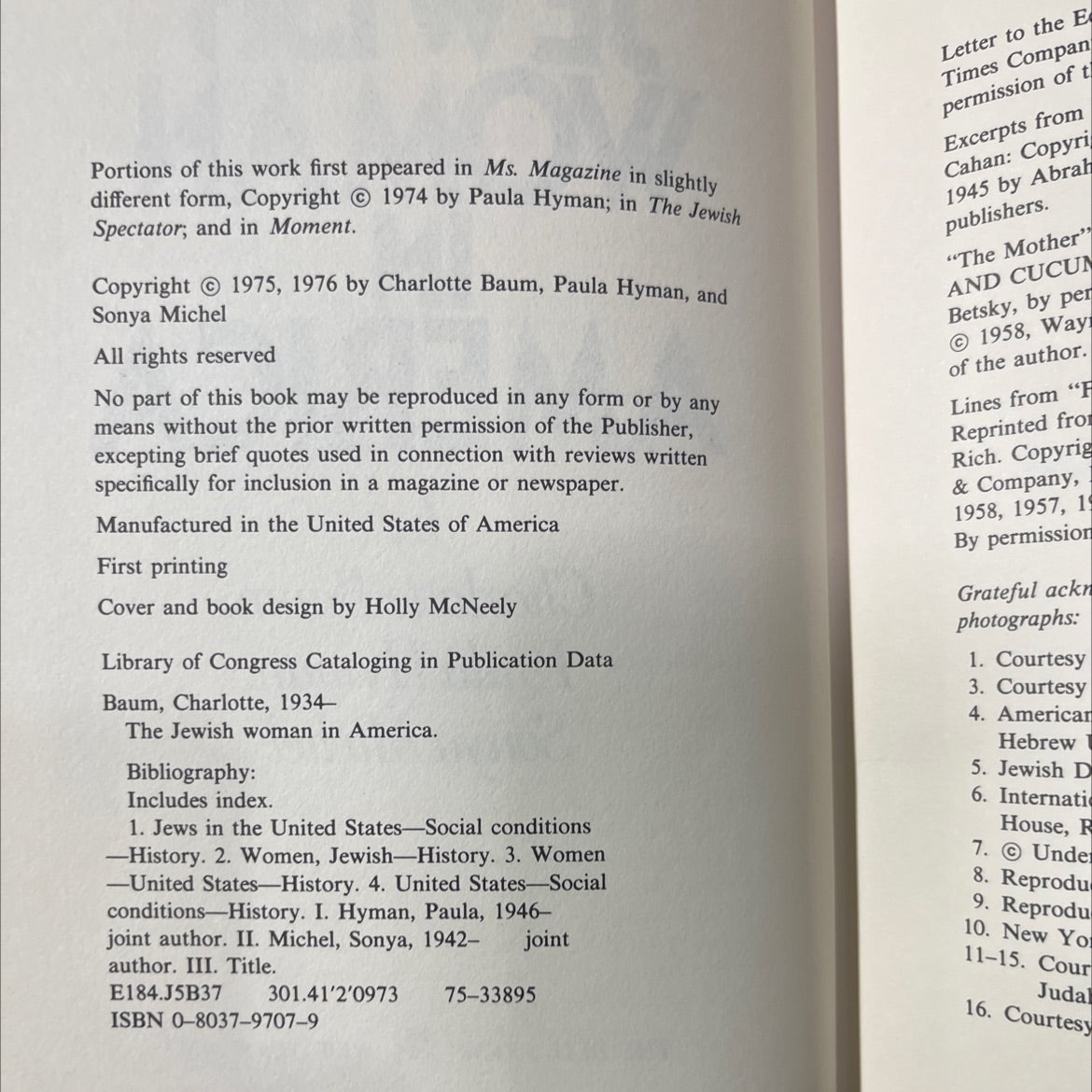 the jewish woman in america book, by charlotte baum, paula hyman, sonya michel, 1976 Hardcover image 3