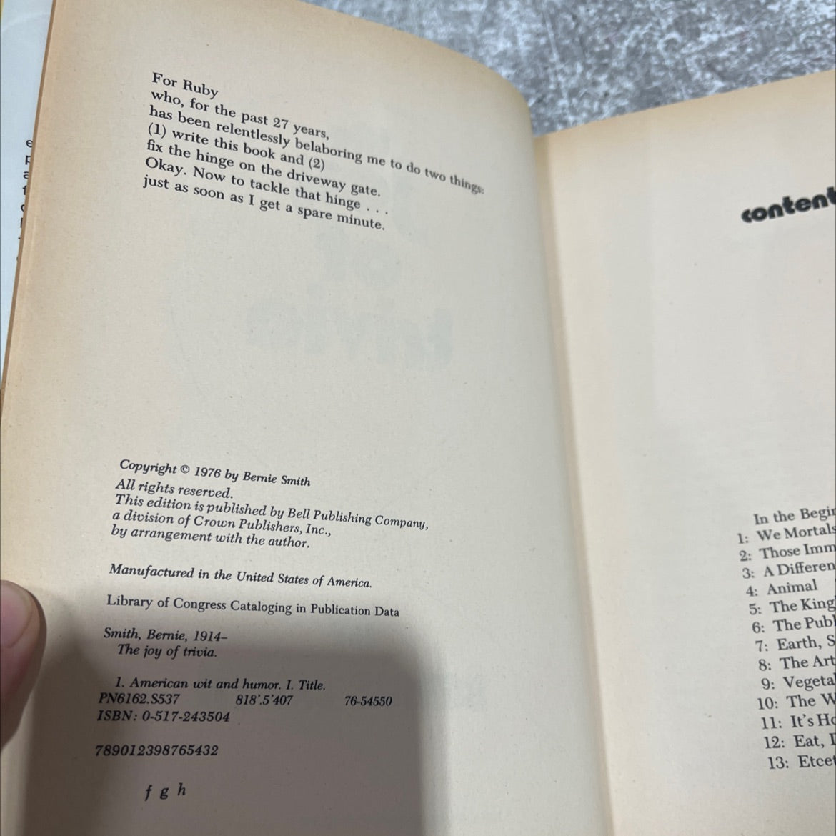 the joy of trivia book, by Bernie Smith, 1976 Hardcover image 3