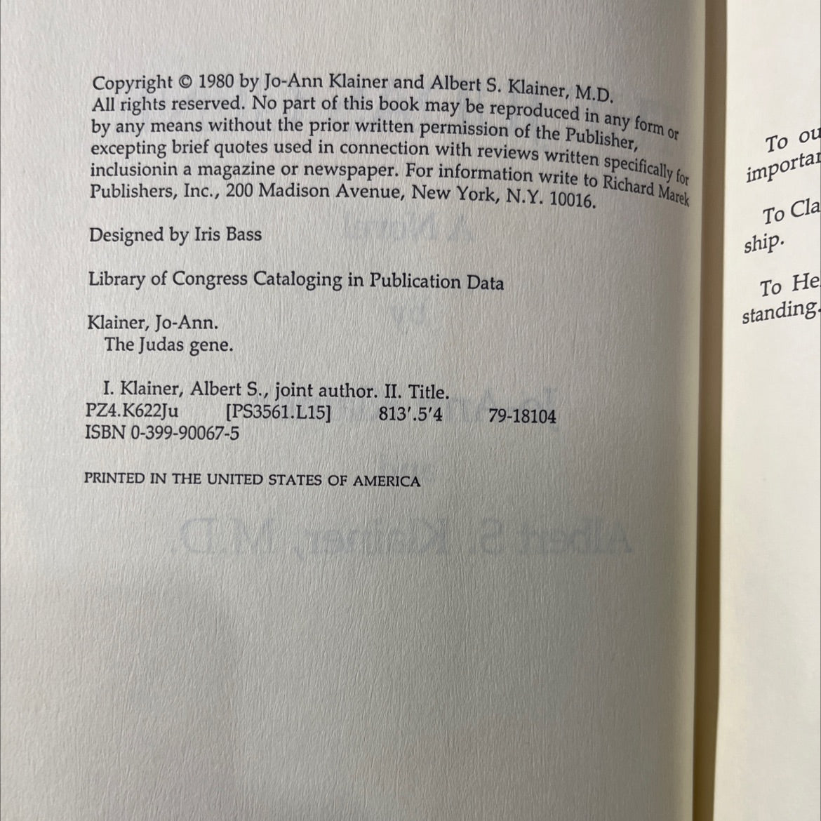 the judas gene book, by jo-ann klainer, albert s. klainer, m.d., 1980 Hardcover image 3