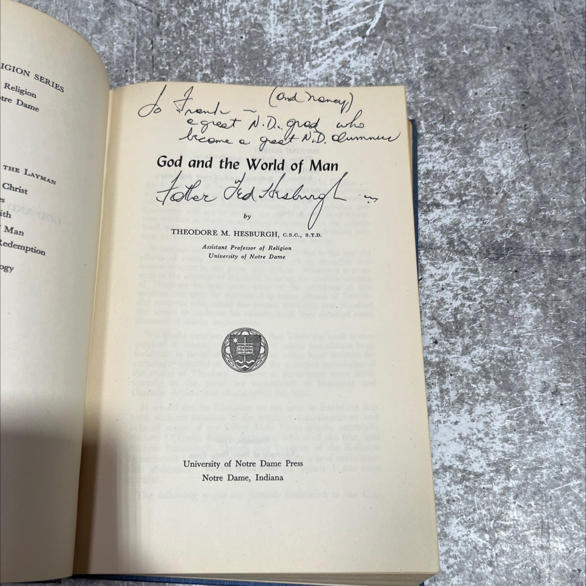 SIGNED the layman and god and the world of man book, by theodore m. hesburgh, 1950 Hardcover, First Edition, Rare, image 2