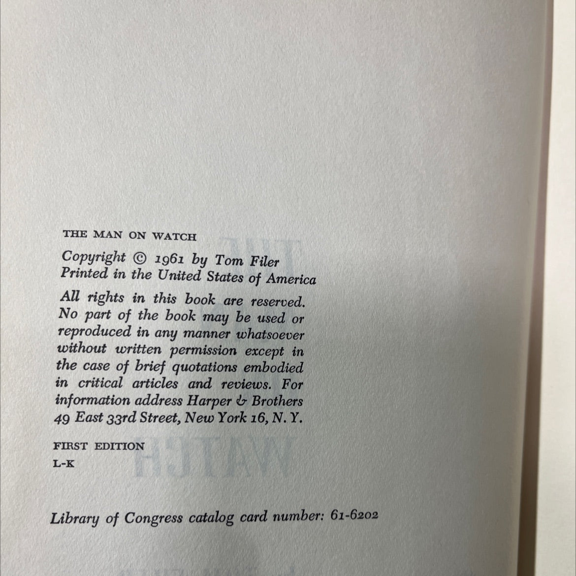 the man on watch book, by tom filer, 1961 Hardcover image 3
