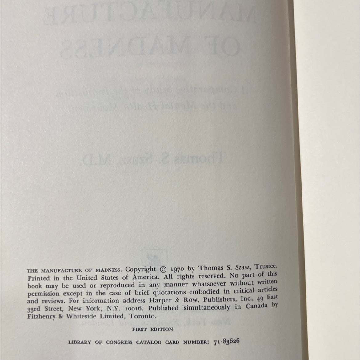 the manufacture of madness book, by Thomas S. Szasz, M.D., 1970 Hardcover image 3
