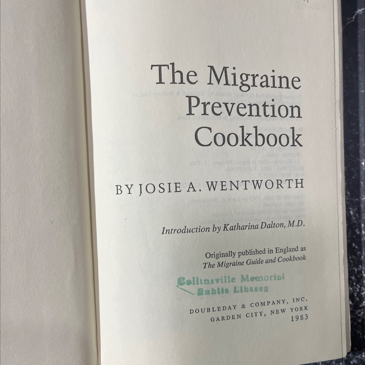 the migraine prevention cookbook book, by josie a. wentworth, 1983 Hardcover image 2