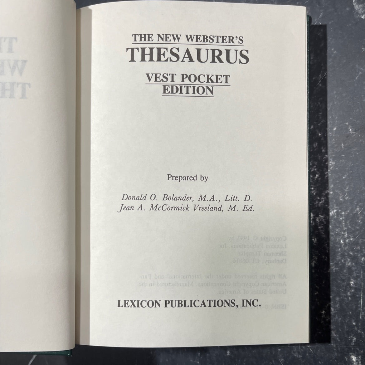 the new webster's thesaurus vest pocket edition book, by Donald O. Bolander, M.A., Litt. D. Jean A. McCormick Vreeland, image 2