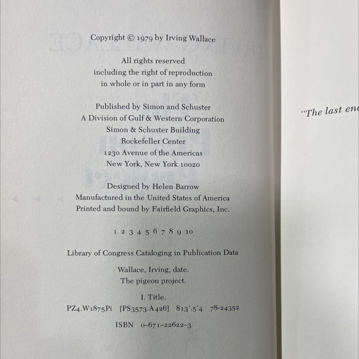 the pigeon project book, by irving wallace, 1979 Hardcover image 3