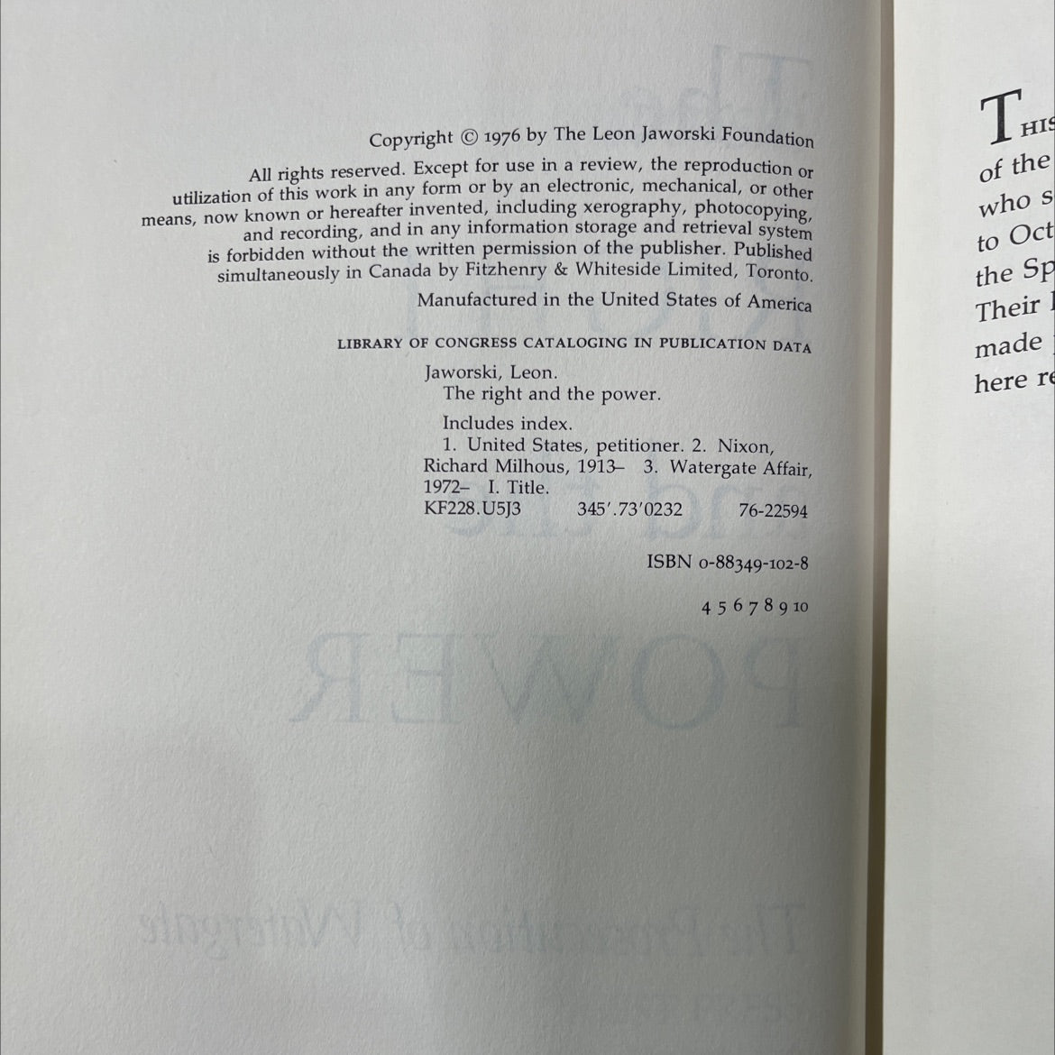 the right and the power book, by Leon Jaworski, 1976 Hardcover image 3