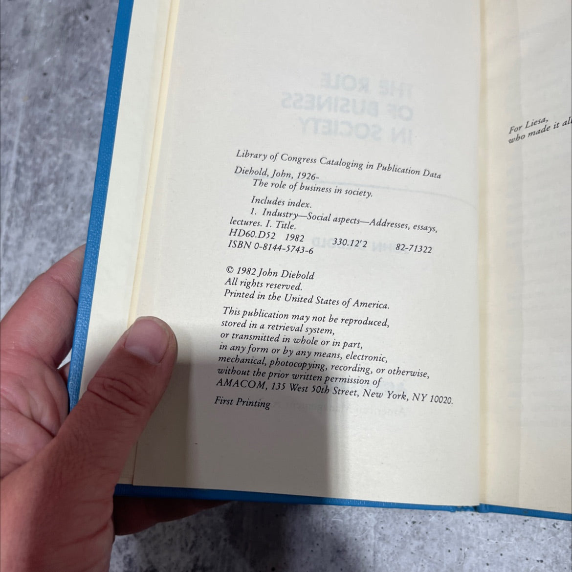 the role of business in society book, by John Diebold, 1982 Hardcover image 3