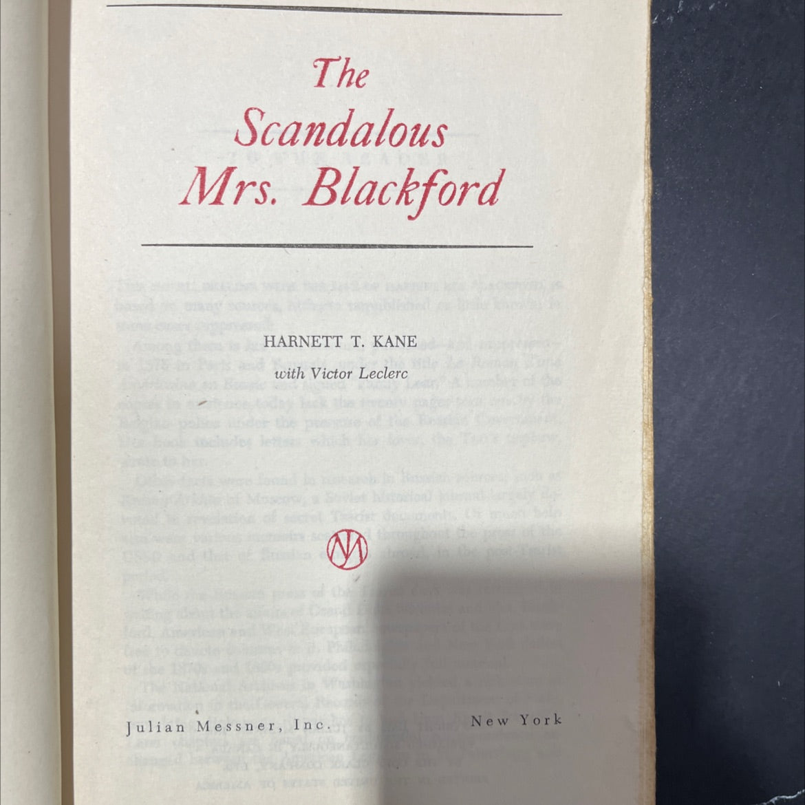 the scandalous mrs. blackford book, by harnett t. kane with victor leclerc, 1951 Hardcover image 2