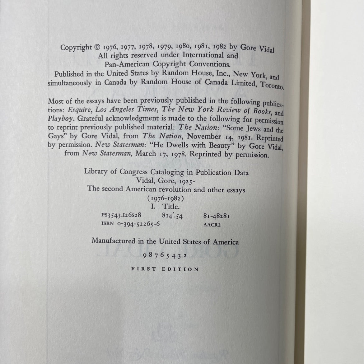 the second american revolution and other essays book, by gore vidal, 1982 Hardcover image 3