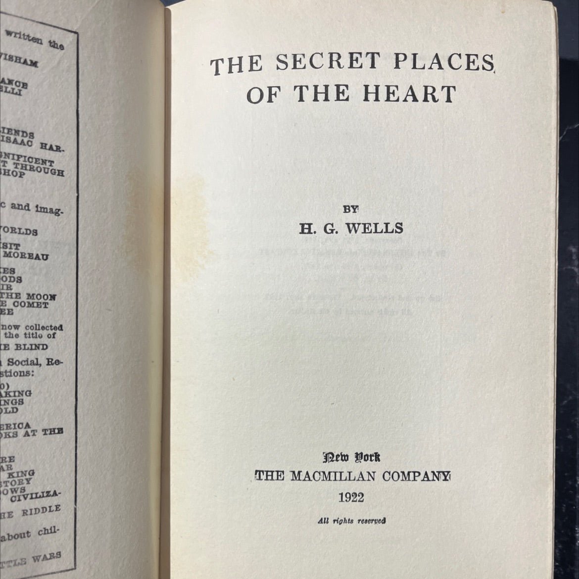 the secret places of the heart book, by h. g. wells, 1922 Hardcover, First Edition, Rare, Antique image 2