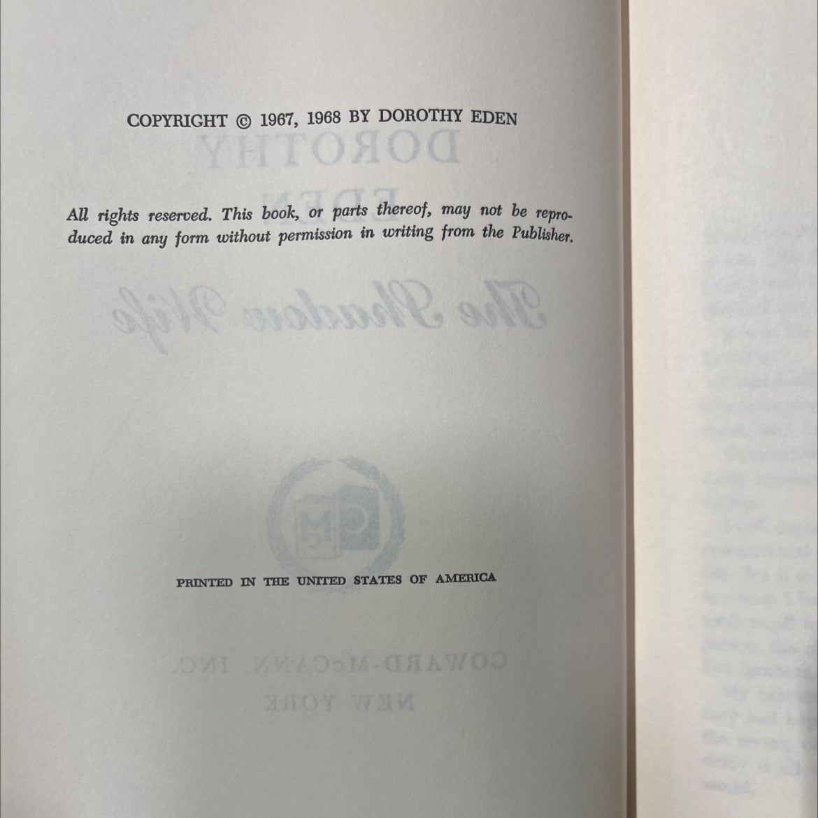 the shadow wife book, by dorothy eden, 1968 Hardcover image 3