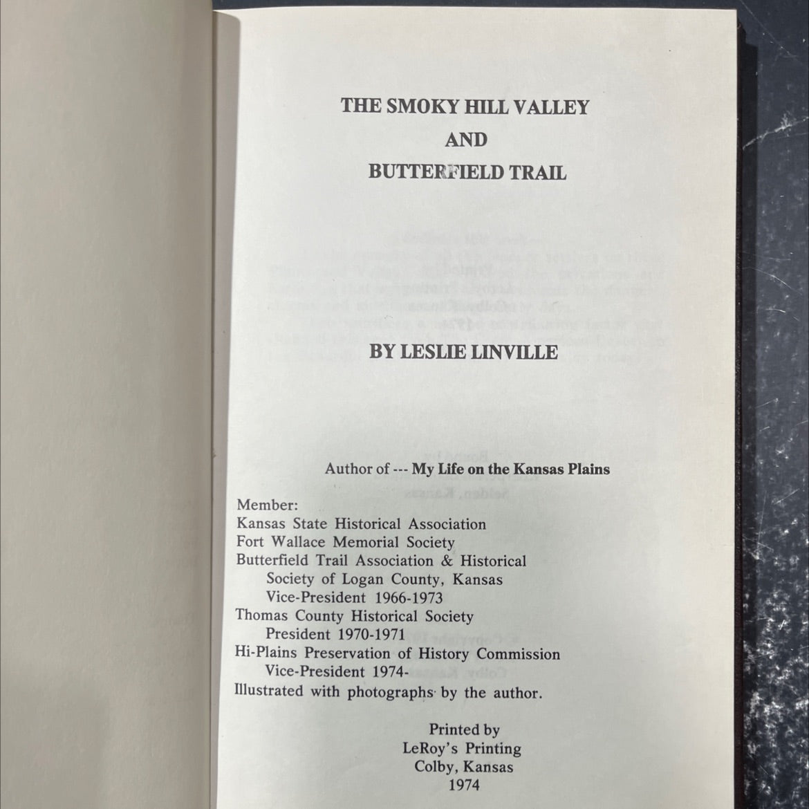 SIGNED the smoky hill valley and butterfield trail book, by leslie linville, 1974 Hardcover, First Edition image 2