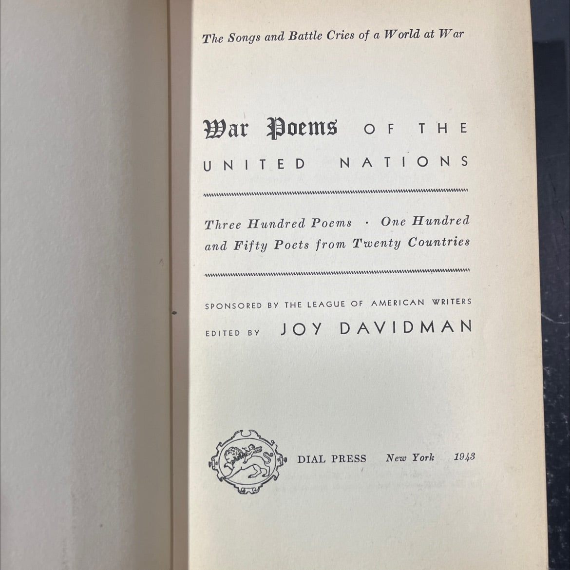 the songs and battle cries of a world at war book, by joy davidman, 1943 Hardcover image 2