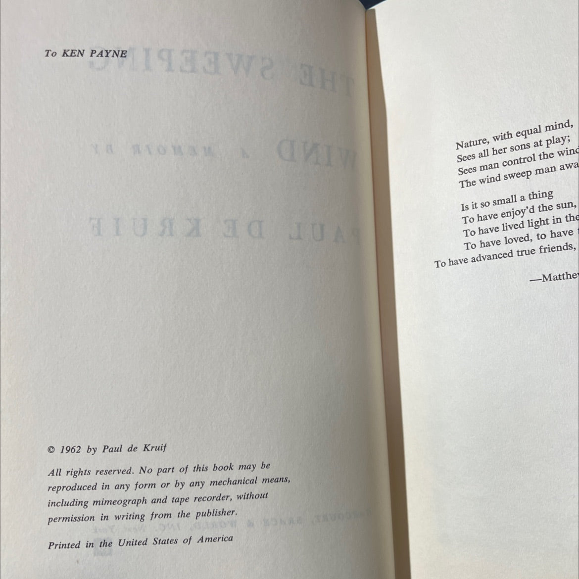 the sweeping wind a memoir book, by paul de kruif, 1962 Hardcover image 3