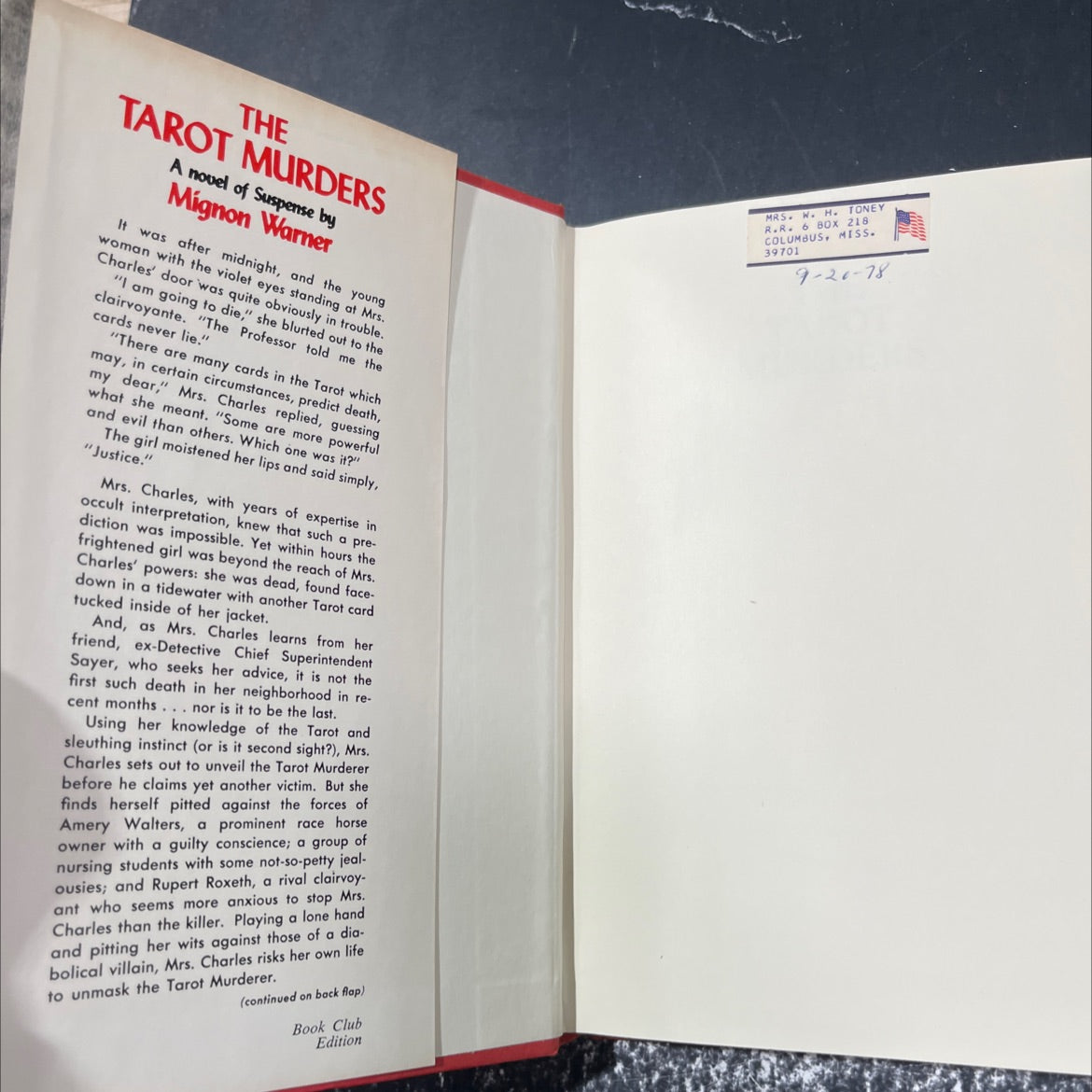 the tarot murders book, by Mignon Warner, 1978 Hardcover image 4