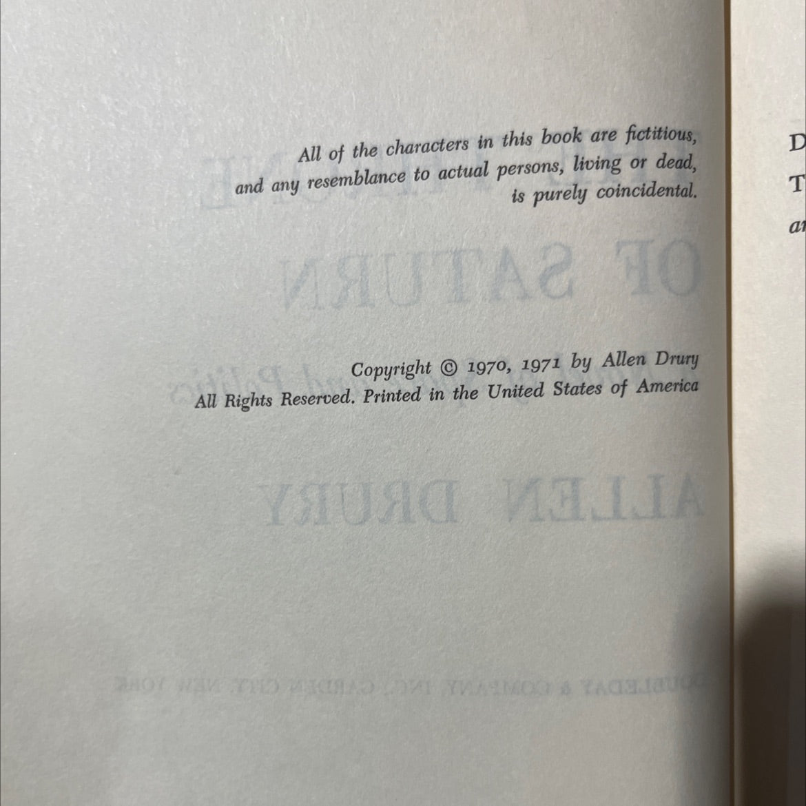 the throne of saturn book, by allen drury, 1971 Hardcover image 3