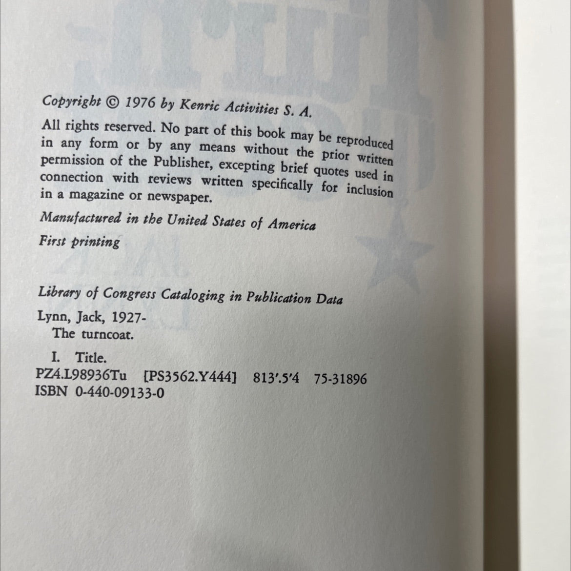 the turncoat book, by Jack Lynn, 1976 Hardcover image 3