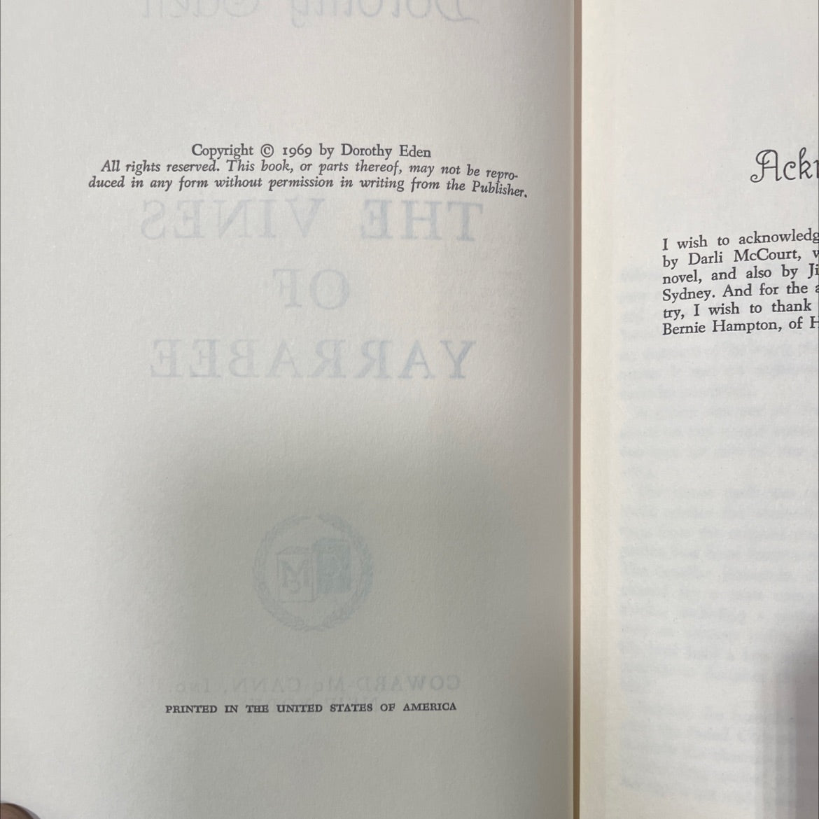 the vines of yarrabee book, by dorothy eden, 1969 Hardcover image 3