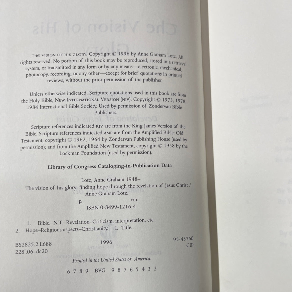 SIGNED the vision of his glory finding hope through the revelation of jesus christ book, by anne graham lotz, 1996 image 3