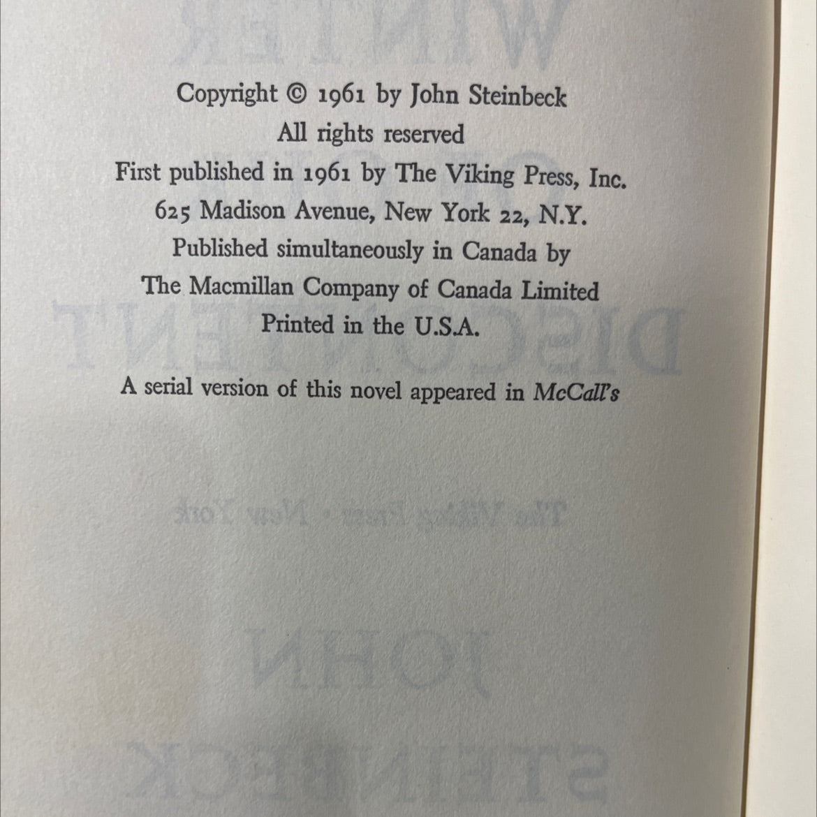 the winter of our discontent book, by john steinbeck, 1961 Hardcover image 3
