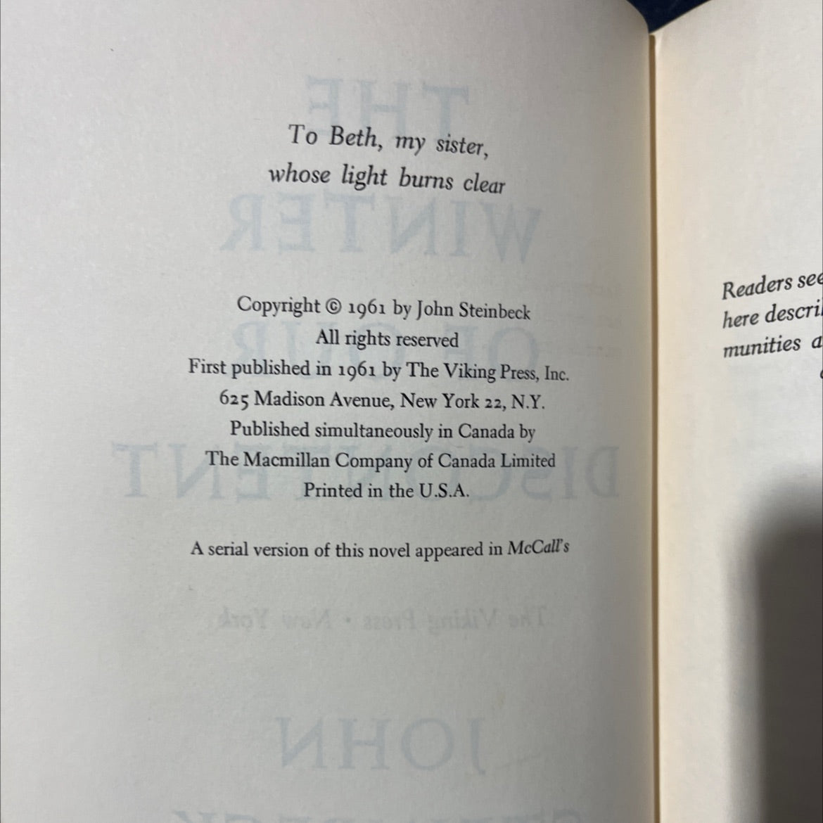the winter of our discontent book, by john steinbeck, 1961 Hardcover image 3