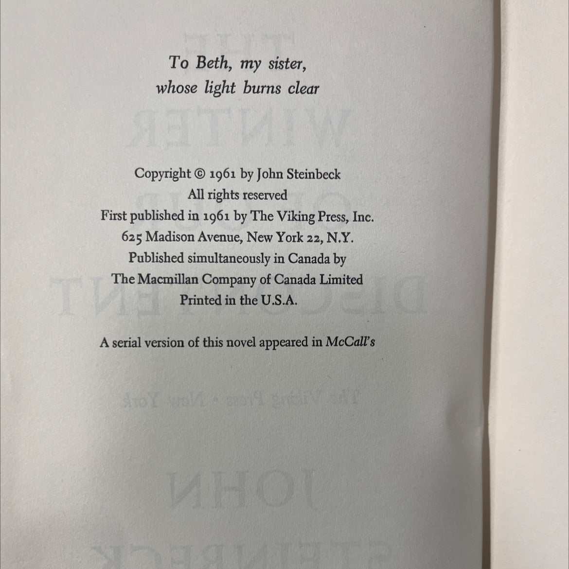 the winter of our discontent book, by john steinbeck, 1961 Hardcover image 3