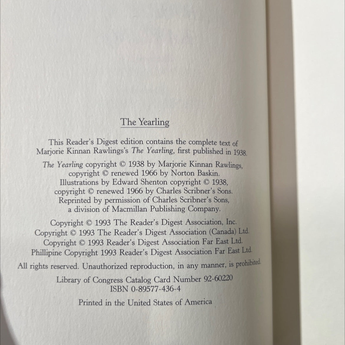the yearling book, by marjorie kinnan rawlings, 1993 Hardcover image 3