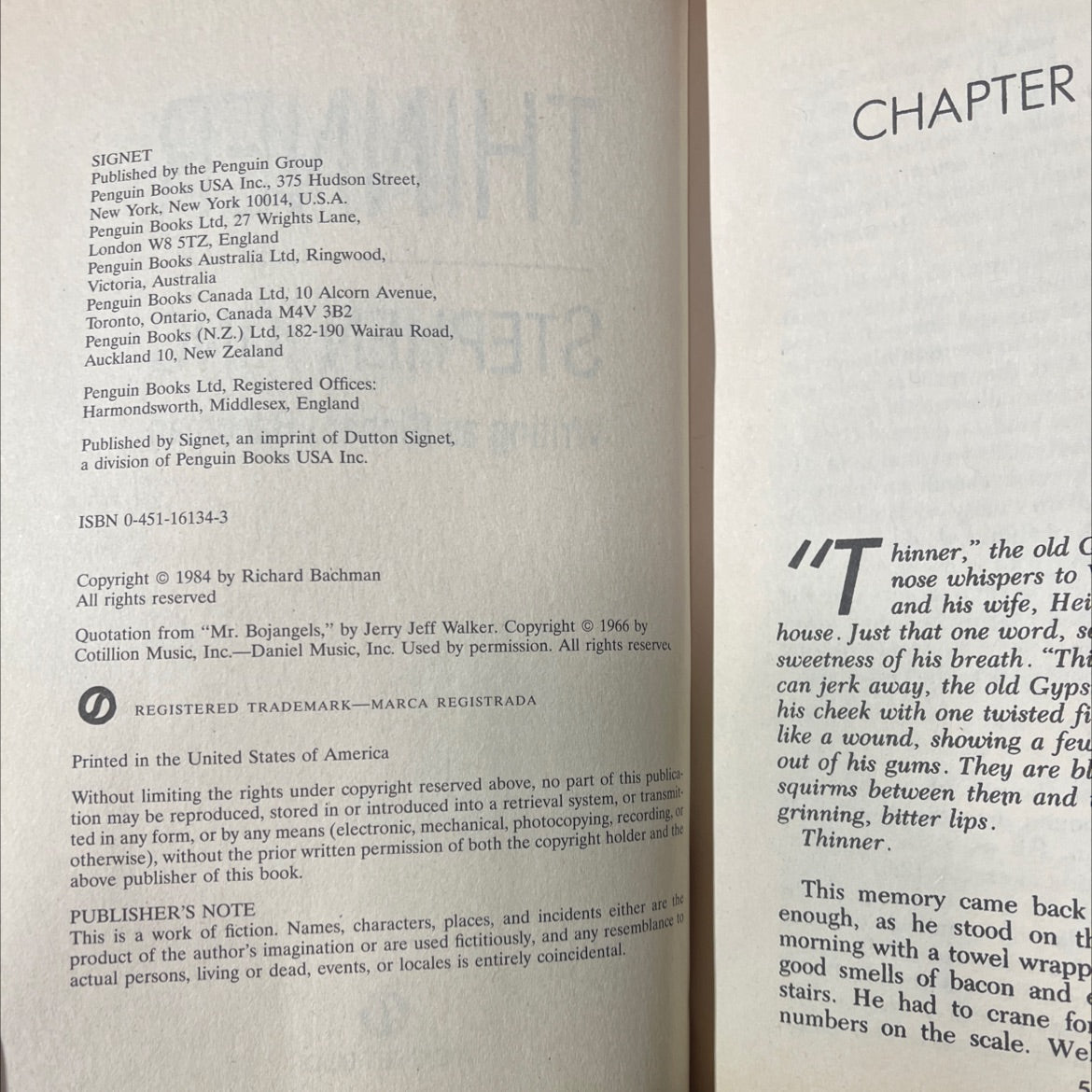 thinner book, by stephen king, 1984 Hardcover image 3