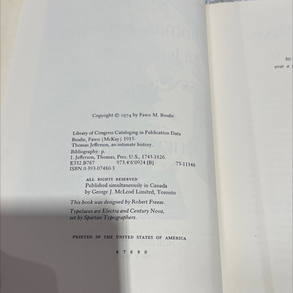 thomas jefferson an intimate history book, by fawn m. brodie, 1974 Hardcover image 3