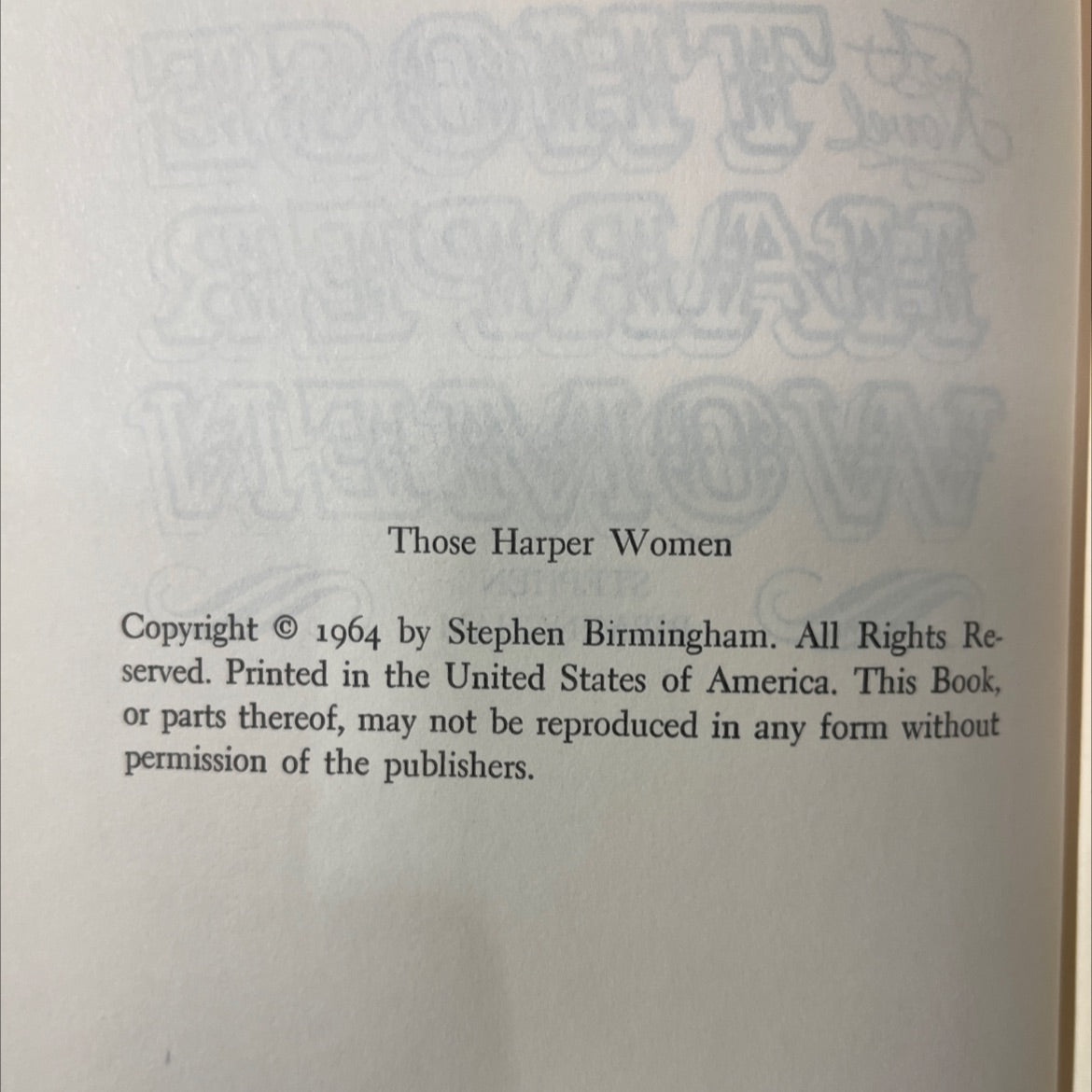 those harper women book, by Stephen Birmingham, 1964 Hardcover image 3