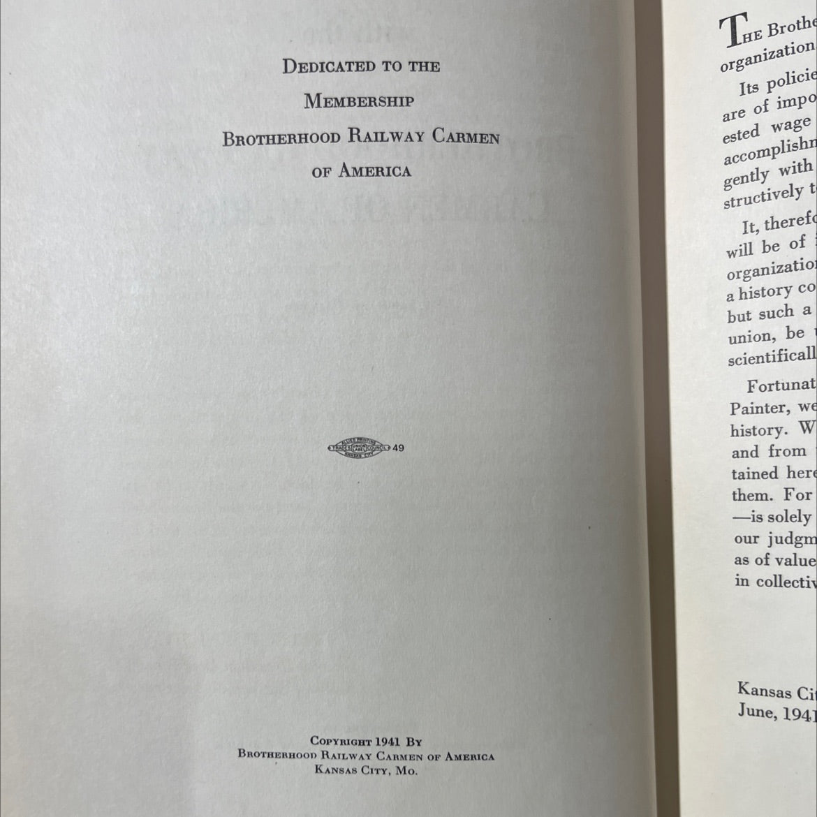through fifty years with the brotherhood railway carmen of america book, by leonard painter, 1941 Hardcover image 3