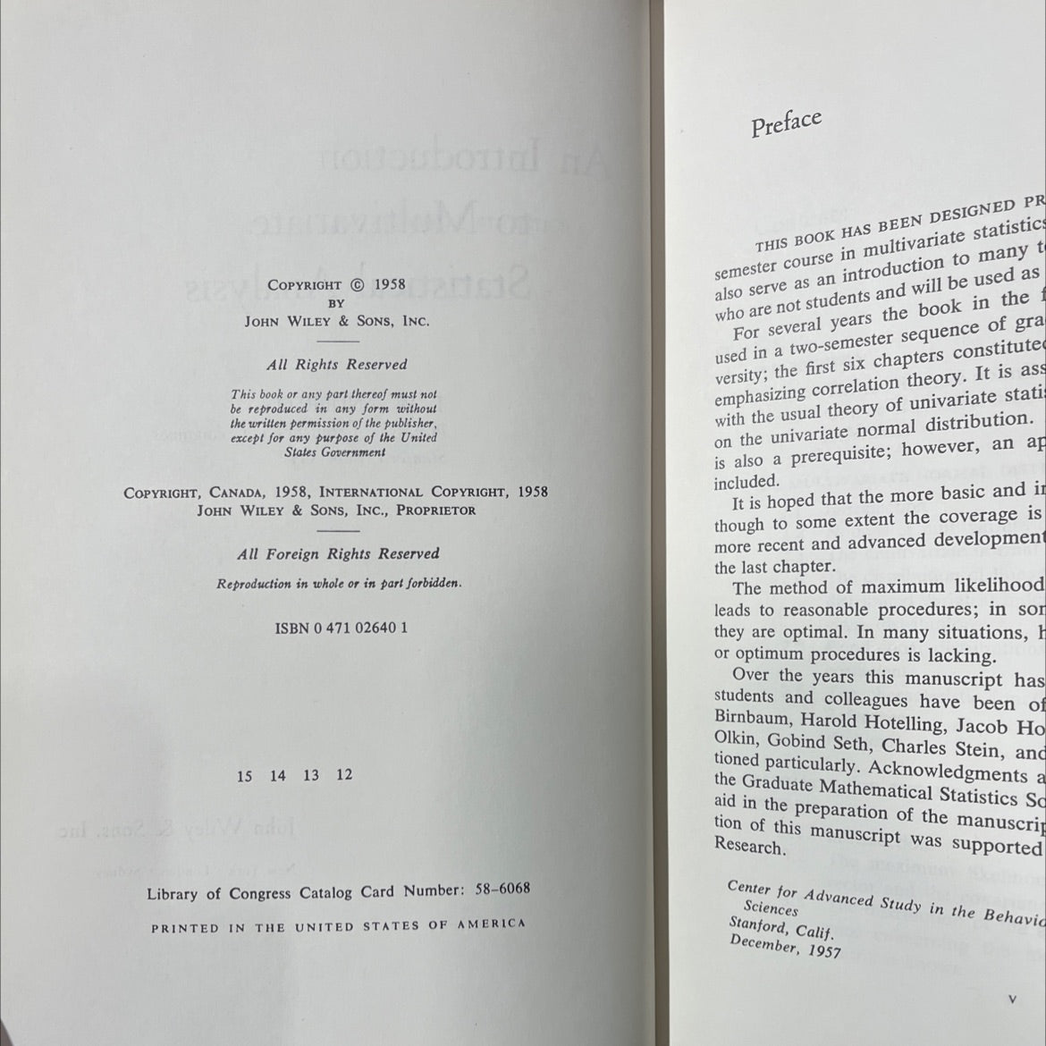 tical statistics an introduction to multivariate statistical analysis book, by t. w. anderson, 1958 Hardcover image 3