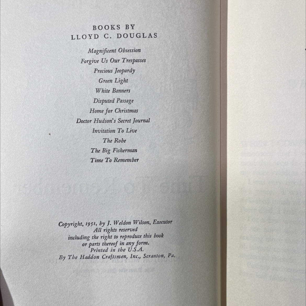 time to remember book, by lloyd c. douglas, 1951 Hardcover image 3