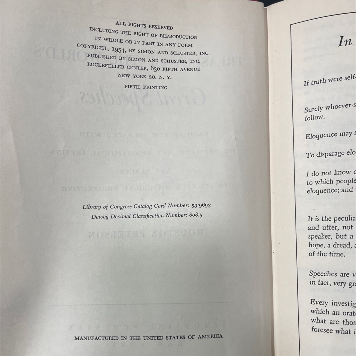 treasury of the world's great speeches book, by houston peterson, 1954 Hardcover image 3