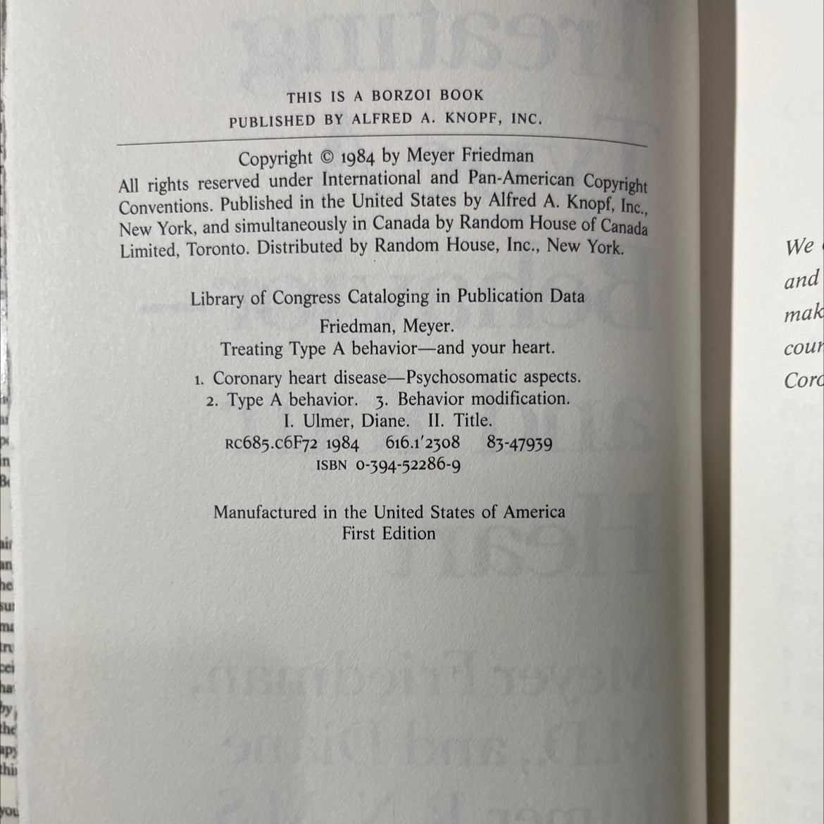 treating type a behavior- and your heart book, by meyer friedman, m.d., and diane ulmer, r.n., m.s., 1984 Hardcover image 3