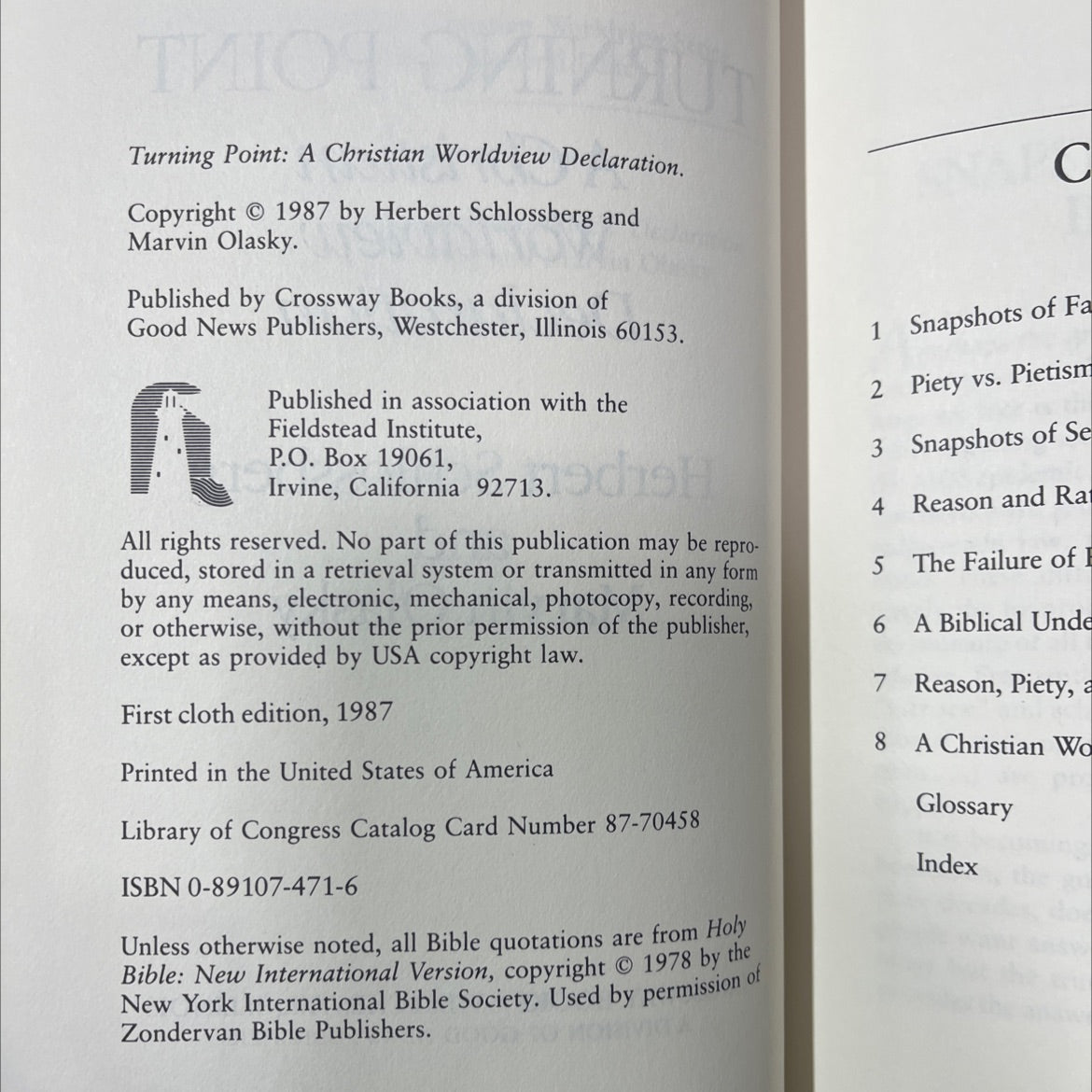 turning point: a christian worldview declaration book, by herbert schlossberg and marvin olasky, 1987 Hardcover image 3