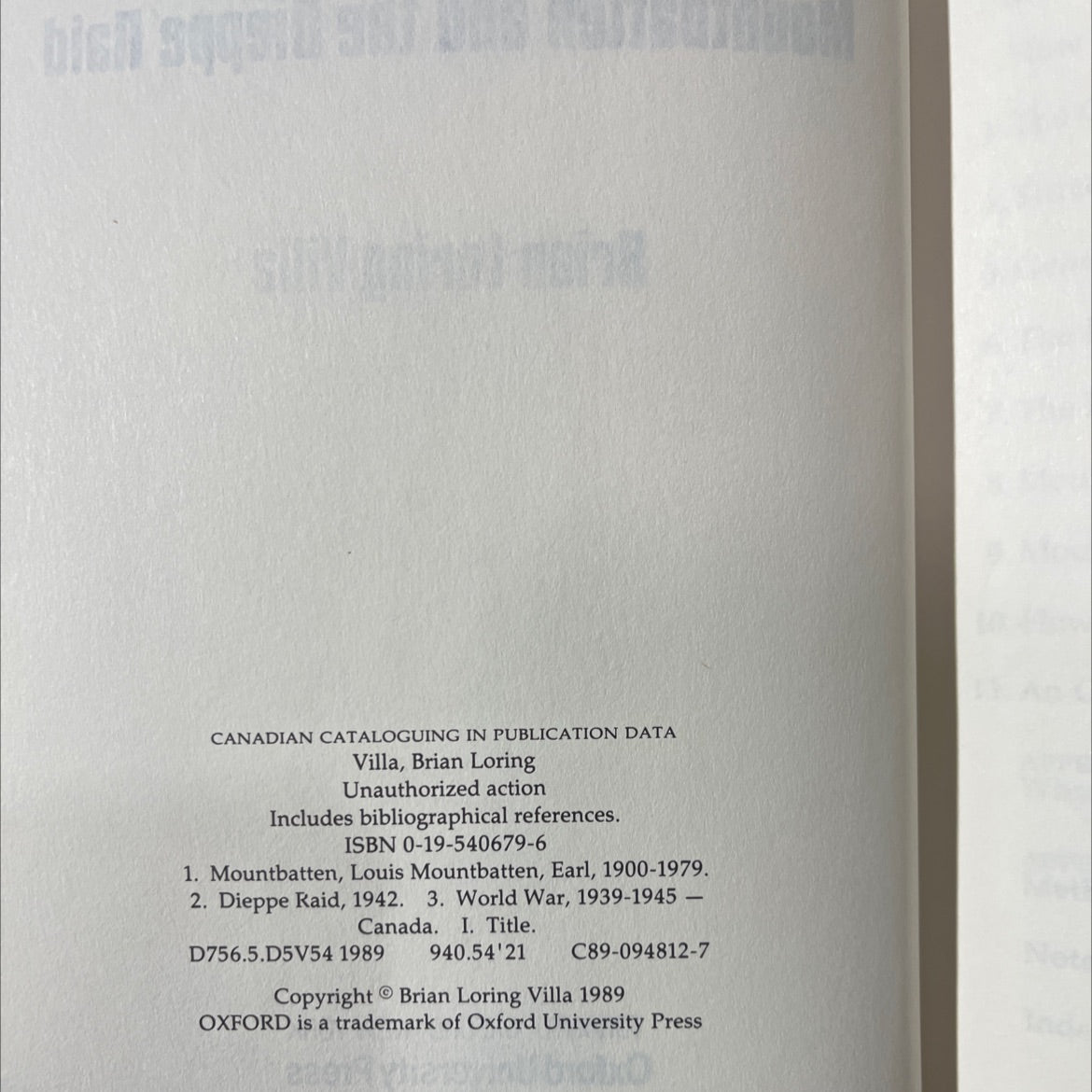 unauthorized action mountbatten and the dieppe raid book, by brian loring villa, 1989 Hardcover image 3