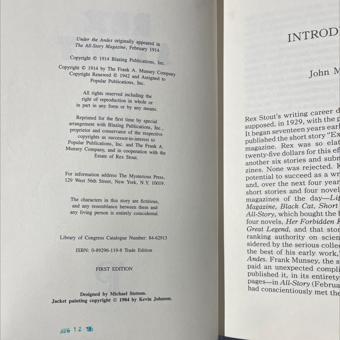 under the andes book, by rex stout, 1984 Hardcover image 3