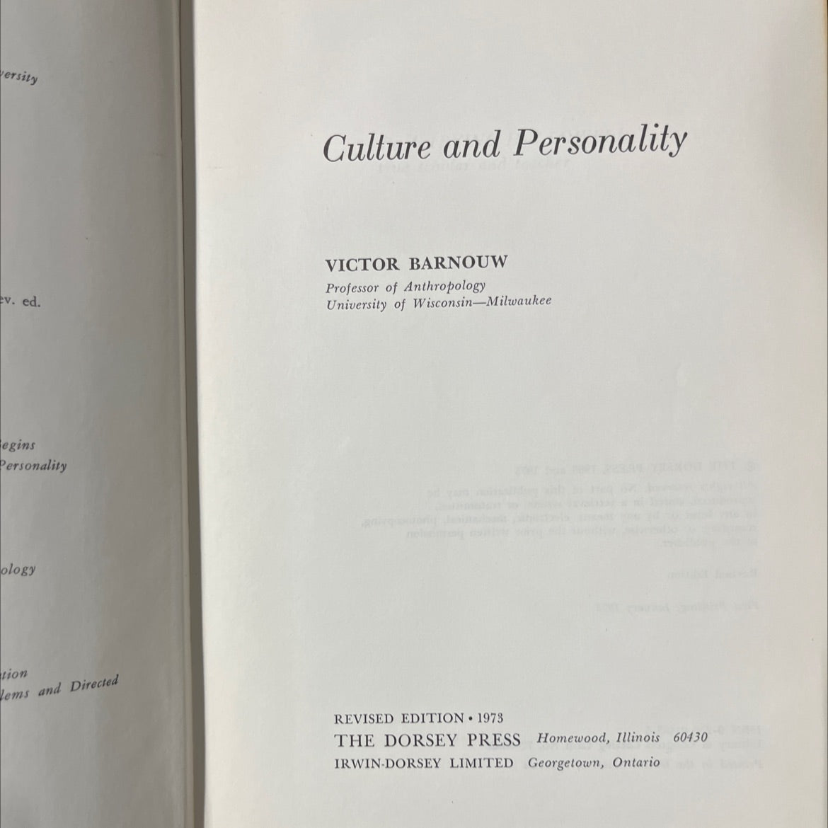 university culture and personality book, by victor barnouw, 1973 Hardcover image 2