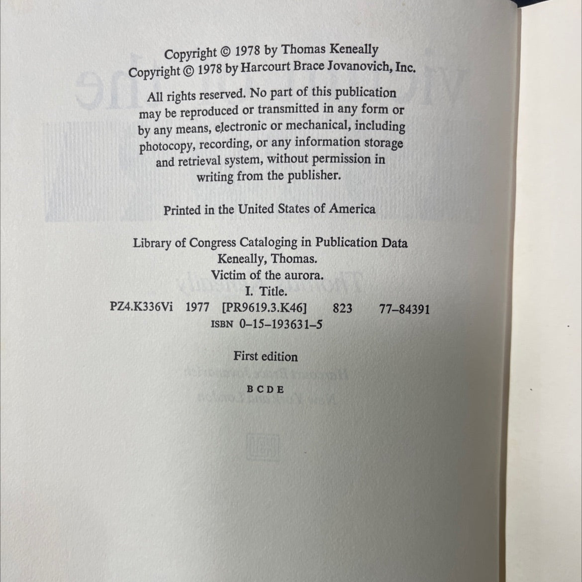 victim of the aurora book, by Thomas Keneally, 1978 Hardcover image 3