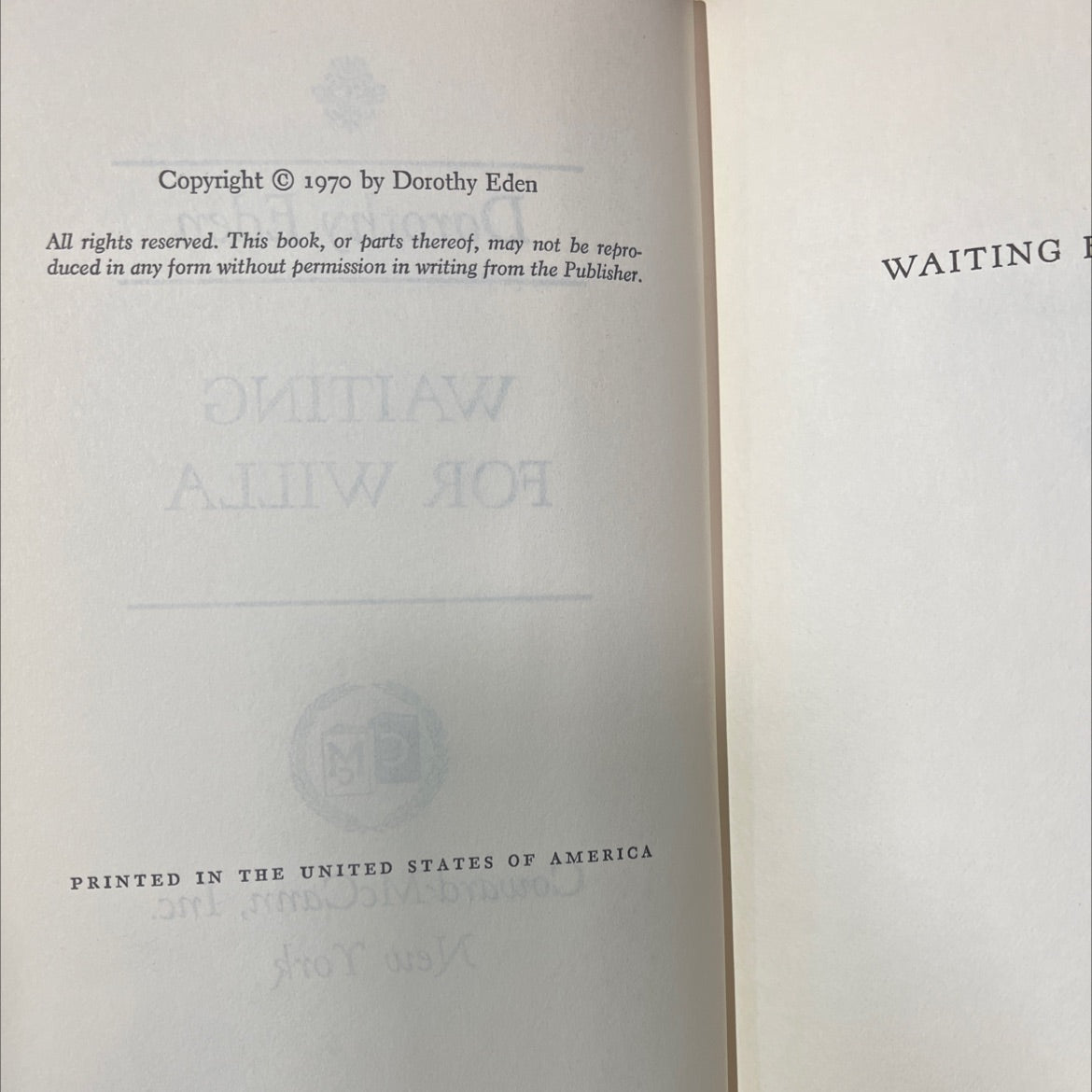 waiting for willa book, by Dorothy Eden, 1970 Hardcover image 3