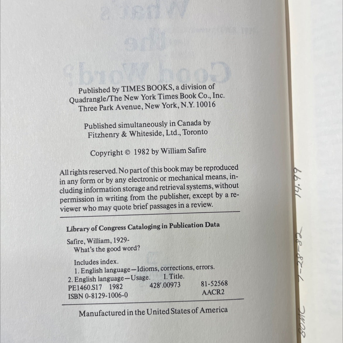 what's the good word? book, by William Safire, 1982 Hardcover image 3