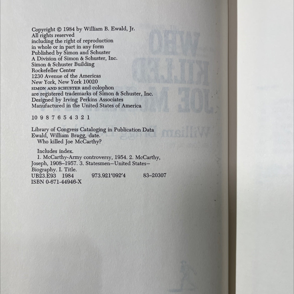 who killed joe mccarthy book, by william bragg ewald, jr., 1991 Hardcover image 3