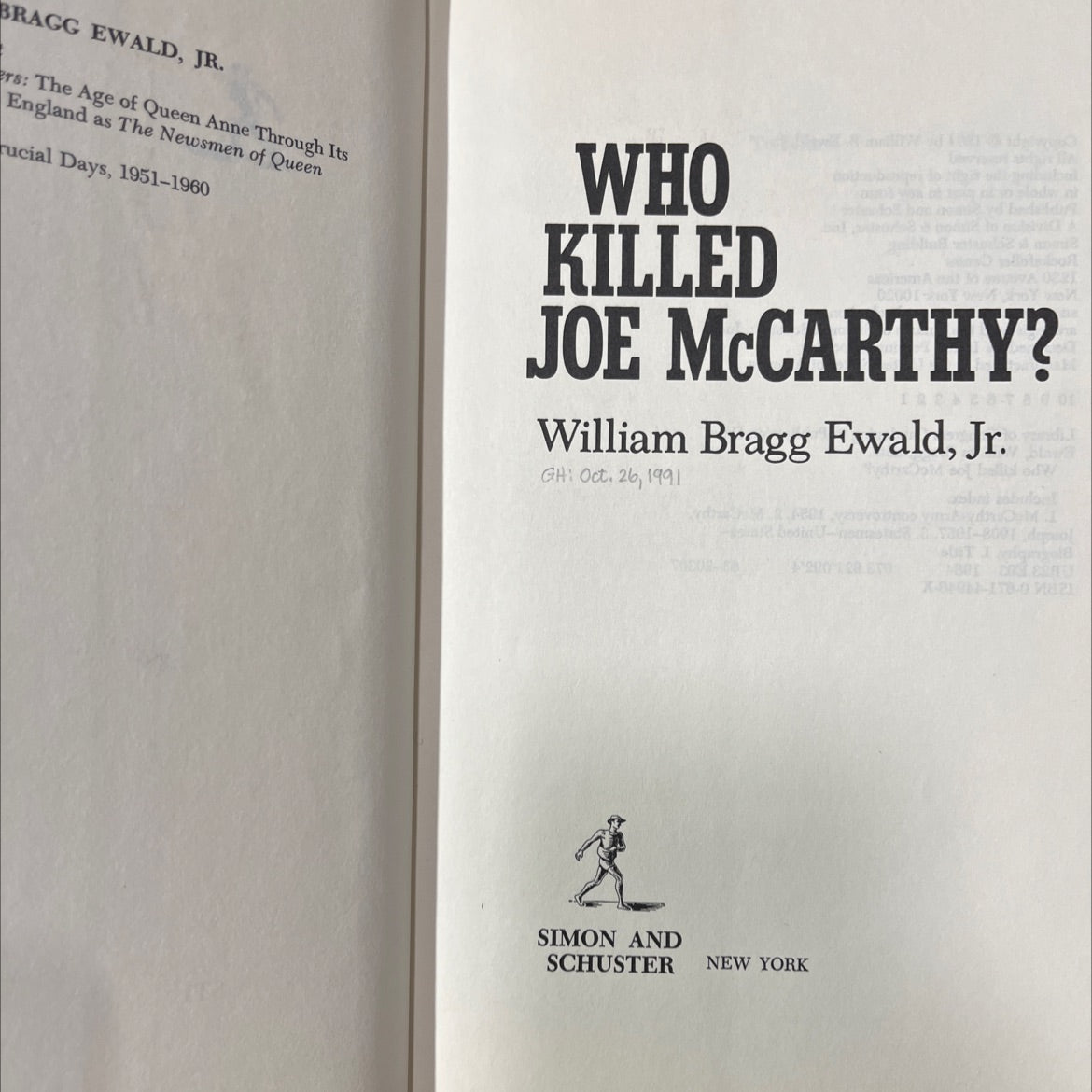 who killed joe mccarthy book, by william bragg ewald, jr., 1991 Hardcover image 2