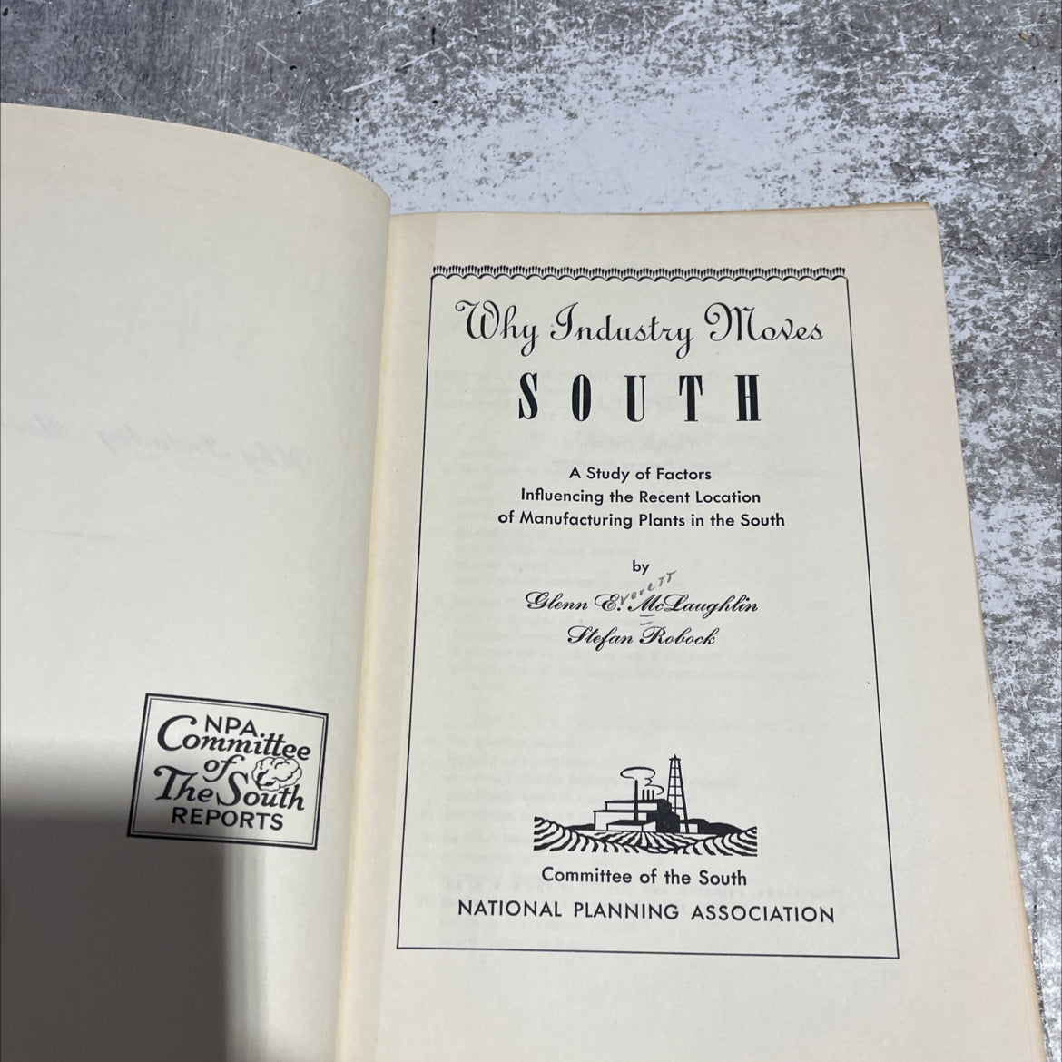 why industry moves south book, by glenn everett mclaughlin, stefan robock, 1949 Hardcover image 2