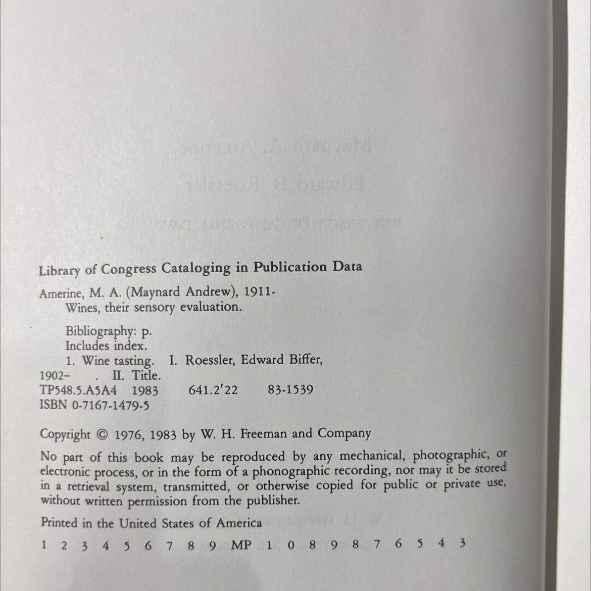 wines their sensory evaluation book, by Maynard A. Amerine, Edward B. Roessler, 1983 Hardcover image 3